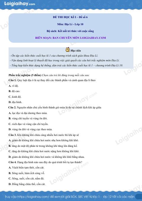 Đề thi học kì 1 Địa lí 10 - Đề số 6